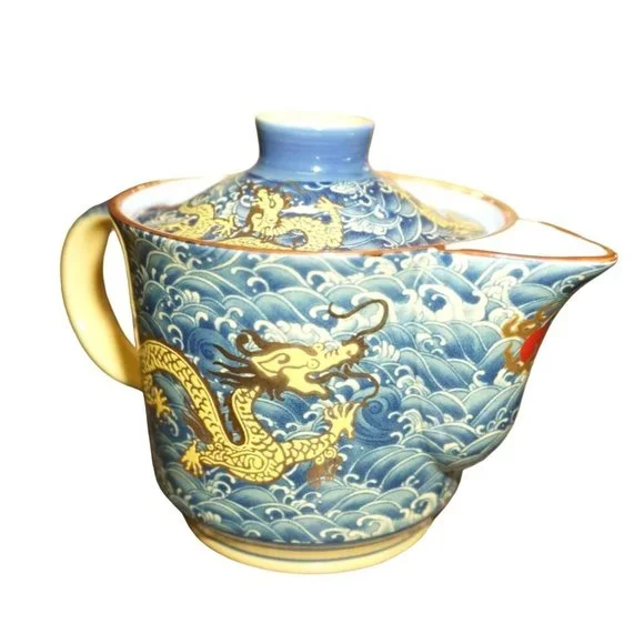 Chinese Golden Dragon Teacup Teapot Blue Red Ball Luck Sea Waves Signed READ - Picture 8 of 16